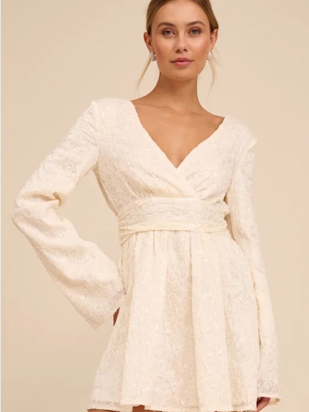 Catarina Ivory Embroidered Sequin Long Sleeve Mini Dress